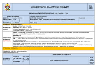 UNIDAD EDUCATIVA CÉSAR ANTONIO MOSQUERA
2022 -
2023
PLANIFICACIÓN MICROCURRISCULAR POR PARCIAL - PUD
TIEMPO EN SEMANAS 1 semana, evaluación diagnostica.
DOCENTE: VALERIA CASTRO CONTACTO: 0968615002 0968615002
GRADO/CURSO
:
2do B. ASIGNATURA/S: LL Y LL, MATEMATICAS, ESTUDIOS SOCIALES Y CIENCIAS NATURALES
FECHA INICIAL: 11-09-2022 FECHA FINAL:
APRENDIZAJE INTERDISCIPLINARIO.-
NOMBRE DE LA
UNIDAD
LENGUA Y LITERATURA: UNIDAD 1
MATEMATICAS: EL BOSQUE MAGICO
ESTUDIOS SOCIALES: SOY UNA PERSONA IMPORTANTE
CIENCIAS NATURALES: CAMBIAMOS
OBJETIVOS DE
APRENDIZAJE
(CURRÍCULO…)
LENGUA Y LITERATURA: Comprender que la lengua escrita se usa con diversas intenciones según los contextos y las situaciones comunicativas para
desarrollar una actitud de indagación crítica frente a los textos
MATEMATICAS:
O.M.2.1. Explicar y construir secuencias de figuras y objetos, basándose en sus atributos para desarrollar el pensamiento lógico-matemático
O.M.2.2. Utilizar objetos del entorno para formar conjuntos, establecer gráficamente la correspondencia entre sus elementos y desarrollar la comprensión
de modelos matemáticos
ESTUDIOS SOCIALES: Analizar las características y el funcionamiento de las diferentes formas de organización social, especialmente de la unidad social
básica familiar y de los escenarios locales más cercanos: el barrio, la comunidad, el cantón y la provincia. (U1) (U2) (U3) (U4)
CIENCIAS NATURALES: Explorar y comprender los ciclos de vida y las características esenciales de las plantas y los animales, para establecer semejanzas y
diferencias, clasificarlos en angiospermas o gimnospermas, vertebrados o invertebrados, y relacionarlos con su hábitat.
APRENDIZAJE DISCIPLINAR:
NOMBRE DEL PROYECTO INTERDISCIPLINAR:
OBJETIVOS DE APRENDIZAJE:
CONTENIDOS
ESCENCIALES
DESTREZAS
CON CRITERIO
DE
DESEMPEÑO.
INDICADOR
ES DE
EVALUACIÓ
N
ORIENTACIONES METODOLÓGICAS
TÉCNICAS Y MÉTODOS DIDÁCTICOS
TÉCNIC
AS E
INSTRU
MENTO
S DE
 