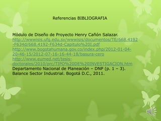 Referencias BIBLIOGRAFIA
Módulo de Diseño de Proyecto Henry Cañón Salazar.
http://wwwisis.ufg.edu.sv/wwwisis/documentos/TE/668.4192
-F634d/668.4192-F634d-Capitulo%20I.pdf
http://www.bogotahumana.gov.co/index.php/2012-01-04-
20-46-15/2012-07-16-16-44-18/basura-cero
http://www.eumed.net/tesis-
doctorales/2010/prc/TIPO%20DE%20INVESTIGACION.htm
Departamento Nacional de Planeación – DNP (p. 1 – 3).
Balance Sector Industrial. Bogotá D.C., 2011.
 