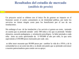 Resultados del estudio de mercado
(análisis de precio)

Un proyecto social se elabora con el único fin de generar un impacto en el
bienestar social; el centro comunitario es de titularidad pública, por tanto los
servicios no tienen ningún costo para los beneficiario por el uso de sus
instalaciones.
Sin embargo el uso de las instalación y los servicio si genera un costo, teniendo
en cuenta que se pretende atender entre 300 niños a los que se pretende brindar
almuerzo, asesoría pedagógica, y orientación psicológica la labor prestada a cada
niño tiene un costo aproximado de $ 950.000 al año por niño, lo que seria
equivalente a $ 80.000 pesos mensuales por cada uno.
se debe tener encuenta que 80.000 pesos por cambiar la vida de u NNA y de la
comunidad no es un costo tan alto y es desde este punto que se pretende convencer
a nuestro patrocinadores para contar con su apoyo.

 