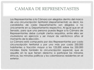 CAMARA DE REPRESENTASTES
Los Representantes a la Cámara son elegidos dentro del marco
de una circunscripción territorial (departamental); es decir, los
candidatos de cada Departamento son elegidos o no
únicamente en su Departamento respectivo. Al igual que en el
Senado, para que una persona pueda llegar a la Cámara de
Representantes debe cumplir ciertos requisitos, entre ellos ser
ciudadano en ejercicio y ser mayor de veinticinco años al
momento de la elección.
La Cámara está compuesta por dos Representantes por cada
circunscripción territorial y por uno más por cada 250.000
habitantes o fracción mayor a los 125.000 sobre los 250.000
iniciales. Existe también la circunscripción especial, que es
aquella en la que tienen derecho a participar las minorías
étnicas, las minorías políticas y los colombianos residentes en el
exterior.
 