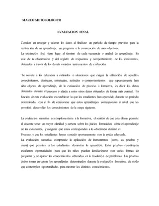 MARCO METOLOLOGICO
EVALUACION FINAL
Consiste en recoger y valorar los datos al finalizar un periodo de tiempo previsto para la
realización de un aprendizaje, un programa o la consecución de unos objetivos.
La evaluación final tiene lugar al término de cada secuencia o unidad de aprendizaje. Se
vale de la observación y del registro de respuestas y comportamiento de los estudiantes,
obtenidos a través de los demás variados instrumentos de evaluación.
Se somete a los educados a estímulos o situaciones que exigen la utilización de aquellos
conocimientos, destrezas, estrategias, actitudes o comportamientos que supuestamente han
sido objetos de aprendizaje, de la evaluación de proceso o formativa, es decir los datos
obtenidos durante el proceso y añade a estos otros datos obtenidos de forma más puntual. La
función de esta evaluación es establecer lo que los estudiantes han aprendido durante un periodo
determinado, con el fin de cerciorarse que estos aprendizajes correspondan al nivel que les
permitirá desarrollar los conocimientos de la etapa siguiente.
La evaluación sumativa es complementaria a la formativa, el sentido de que esta última permite
al docente tener un mayor claridad y certeza sobre los juicios formulados sobre el aprendizaje
de los estudiantes, y asegurar que estos correspondan a lo observado durante el
Proceso, y que los estudiantes hayan contado oportunamente con la ayuda adecuada.
La evaluación sumativa comprende la aplicación de instrumentos (como las pruebas y
otros) que permiten a los estudiantes demostrar lo aprendido. Estas pruebas constituyen
excelentes oportunidades para que los niños puedan familiarizarse con varias formas de
preguntar y de aplicar los conocimientos obtenidos en la resolución de problemas. Las pruebas
deben tomar en cuenta los aprendizajes determinados durante la evaluación formativa, de modo
que contemplen oportunidades para mostrar los distintos conocimientos.
 