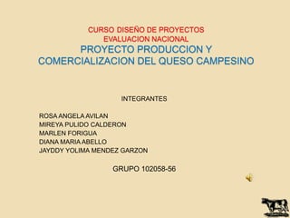 CURSO DISEÑO DE PROYECTOS
               EVALUACION NACIONAL
      PROYECTO PRODUCCION Y
COMERCIALIZACION DEL QUESO CAMPESINO


                    INTEGRANTES

ROSA ANGELA AVILAN
MIREYA PULIDO CALDERON
MARLEN FORIGUA
DIANA MARIA ABELLO
JAYDDY YOLIMA MENDEZ GARZON

                  GRUPO 102058-56
 