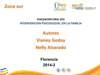 Zona sur 
EVALUACION FINAL 25% 
INTERVENCION PSICOSOCIAL EN LA FAMILIA 
Autores 
Vianey Godoy 
Nelly Alvarado 
Florencia 
2014-2 
 