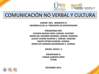 COMUNICACIÓN NO VERBAL Y CULTURA 
UNIDAD DOS. MOMENTO IV 
DESARROLLO DE LA PROPUESTA DE INVESTIGACION 
PRESENTADO POR: 
CLAUDIA MILENA LOPEZ. CODIGO: 21431952 
INGRID DEL SOCORRO MORENO. CODIGO: 22444528 
GLADYS LUCERO HUERTAS C. CÓDIGO: 23622495 
SRLEDY ESTHER GUZMAN. CODIGO: 
MARIA DEL ROSARIO SALDARRIAGA C. CODIGO: 
GRUPO: 401421 -3 
PRESENTADO A: 
CARLOS ALBERTO LOPEZ 
TUTOR 
DICIEMBRE 2014. 
 