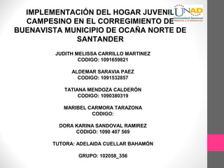 IMPLEMENTACIÓN DEL HOGAR JUVENIL
  CAMPESINO EN EL CORREGIMIENTO DE
BUENAVISTA MUNICIPIO DE OCAÑA NORTE DE
             SANTANDER
         JUDITH MELISSA CARRILLO MARTINEZ
                 CODIGO: 1091659821

              ALDEMAR SARAVIA PAEZ
                CODIGO: 1091532857

            TATIANA MENDOZA CALDERÓN
                 CODIGO: 1090380319

           MARIBEL CARMORA TARAZONA
                    CODIGO:

          DORA KARINA SANDOVAL RAMIREZ
               CODIGO: 1090 407 569

        TUTORA: ADELAIDA CUELLAR BAHAMÓN

                GRUPO: 102058_356
 