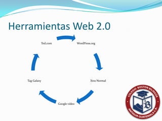 Herramientas Web 2.0
                Ted.com                  WordPress.org




   Tag Galaxy                                     Xtra Normal




                          Google video
 