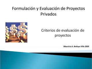 Formulación y Evaluación de Proyectos Privados Mauricio A. Bedoya Villa 2009 