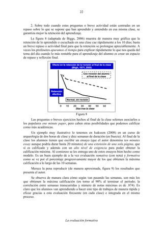 La evaluación formativa
22
2. Sobre todo cuando estas preguntas o breve actividad están centradas en un
repaso sobre lo que se supone que han aprendido y entendido en esa misma clase, se
garantiza mejor la retención del aprendizaje.
La figura 8 (adaptada de Biggs, 2006) muestra de manera muy gráfica que la
retención de lo aprendido o escuchado en una clase cae rápidamente a los 10 días; basta
un breve repaso o actividad final para que la retención se prolongue apreciablemente. A
veces los profesores apuramos el tiempo para explicar rápidamente lo que nos queda del
tema del día cuando lo más rentable para el aprendizaje del alumno es crear un espacio
de repaso y reflexión final.
0 10 20 30 40 50 60
Días tras la clase
Retención
efectiva
Efecto en la retención de la revisión al final de la clase
(Bligh, 1971, 2002)
Normal, sin revisión
Con revisión del alumno
al final de la clase
Figura 8
Las preguntas o breves ejercicios hechos al final de la clase solemos asociarlos a
los populares one minute paper, pero caben otras posibilidades que podemos calificar
como más académicas.
Un ejemplo muy ilustrativo lo tenemos en Isaksson (2008) en un curso de
arqueología de dos horas de clase y diez semanas de duración (en Suecia). Al final de la
clase los alumnos tienen que escribir un ensayo (que el autor denomina ten minutes
essay aunque podría durar hasta 20 minutos) de una extensión de una sola página, que
sí es calificado y además con un alto nivel de exigencia para poder obtener la
calificación máxima. Al comienzo se les entrega uno de estos ensayos bien hecho como
modelo. Es un buen ejemplo de a la vez evaluación sumativa (con nota) y formativa
como se ve por el porcentaje progresivamente mayor de los que obtienen la máxima
calificación a lo largo de las 10 semanas.
Merece la pena reproducir (de manera aproximada, figura 9) los resultados que
presenta el autor.
Se observa de manara clara cómo según van pasando las semanas, son más los
que obtienen la máxima calificación (en torno al 90% al terminar el período; la
correlación entre semanas transcurridas y número de notas máximas es de .874). Es
claro que los alumnos van aprendiendo a hacer este tipo de trabajos de manera rápida y
eficaz gracias a esta evaluación frecuente (en cada clase) e integrada en el mismo
proceso.
 