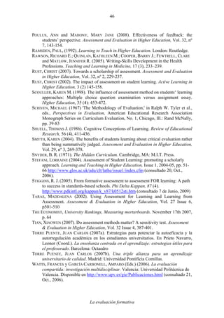La evaluación formativa
46
POULUS, ANN and MAHONY, MARY JANE (2008). Effectiveness of feedback: the
students’ perspective. Assessment and Evaluation in Higher Education, Vol. 32, nº
7, 143-154.
RAMSDEN, PAUL, (1992). Learning to Teach in Higher Education. London: Routledge.
RAWSON, RICHARD E.; QUINLAN, KATHLEEN M.; COOPER, BARRY J.; FEWTRELL, CLARE
and MATLOW, JENNIFER R. (2005). Writing-Skills Development in the Health
Professions. Teaching and Learning in Medicine, 17 (3), 233–239.
RUST, CHRIST (2007). Towards a scholarship of assessment. Assessment and Evaluation
in Higher Education, Vol. 32, nº 2, 229-237.
RUST, CHRIST (2002). The impact of assessment on student learning. Active Learning in
Higher Education, 3 (2) 145-158.
SCOULLER, KAREN M. (1998). The influence of assessment method on students‘ learning
approaches: Multiple choice question examination versus assignment essay.
Higher Education, 35 (4): 453-472.
SCRIVEN, MICHAEL (1967) 'The Methodology of Evaluation,' in Ralph W. Tyler et al.,
eds., Perspectives in Evaluation, American Educational Research Association
Monograph Series on Curriculum Evaluation, No. 1, Chicago, Ill.: Rand McNally,
pp. 39-83
SHUELL, THOMAS J. (1986). Cognitive Conceptions of Learning. Review of Educational
Research, 56 (4), 411-436.
SMYTH, KAREN (2004). The benefits of students learning about critical evaluation rather
than being summatively judged. Assessment and Evaluation in Higher Education,
Vol. 29, nº 3, 269-378.
SNYDER, B. R. (1971). The Hidden Curriculum. Cambridge, MA: M.I.T. Press.
STEFANI, LORRAINE (2004). Assessment of Student Learning: promoting a scholarly
approach. Learning and Teaching in Higher Education, Issue 1, 2004-05, pp. 51-
66 http://www.glos.ac.uk/adu/clt/lathe/issue1/index.cfm (consultado 20, Oct.,
2006).
STIGGINS, R. J. (2005). From formative assessment to assessment FOR learning: A path
to success in standards-based schools. Phi Delta Kappan, 87 (4).
http://www.pdkintl.org/kappan/k_v87/k0512sti.htm (consultado 7 de Junio, 2009)
TARAS, MADDALENA (2002). Using Assessment for Learning and Learning from
Assessment. Assessment & Evaluation in Higher Education, Vol. 27 Issue 6,
p501-510
THE ECONOMIST, University Rankings, Measuring mortarboards. November 17th 2007,
p. 64
TIAN, XIAOWEN (2007). Do assessment methods matter? A sensitivity test. Assessment
& Evaluation in Higher Education, Vol. 32 Issue 4, 387-401.
TORRE PUENTE, JUAN CARLOS (2007a). Estrategias para potenciar la autoeficacia y la
autorregulación académica en los estudiantes universitarios. En Prieto Navarro,
Leonor (Coord.). La enseñanza centrada en el aprendizaje: estrategias útiles para
el profesorado. Barcelona: Octaedro
TORRE PUENTE, JUAN CARLOS (2007b). Una triple alianza para un aprendizaje
universitario de calidad. Madrid: Universidad Pontificia Comillas.
WATTS, FRANCES y GARCÍA CARBONELL, AMPARO (Eds.) (2006). La evaluación
compartida: investigación multidisciplinar. Valencia: Universidad Politécnica de
Valencia. Disponible en http://www.upv.es/gie/Publicaciones.html (consultado 21,
Oct., 2006).
 
