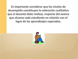 Es importante considerar que los niveles de
desempeño constituyen la valoración cualitativa
que el docente debe realizar, respecto del avance
 que alcanza cada estudiante en relación con el
       logro de los aprendizajes esperados.




                                                    6
 
