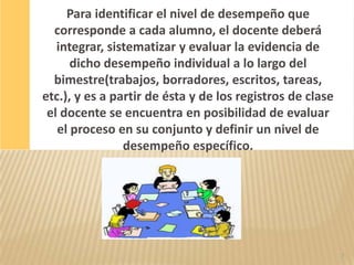 Para identificar el nivel de desempeño que
  corresponde a cada alumno, el docente deberá
   integrar, sistematizar y evaluar la evidencia de
      dicho desempeño individual a lo largo del
  bimestre(trabajos, borradores, escritos, tareas,
etc.), y es a partir de ésta y de los registros de clase
 el docente se encuentra en posibilidad de evaluar
   el proceso en su conjunto y definir un nivel de
                desempeño específico.




                                                           7
 