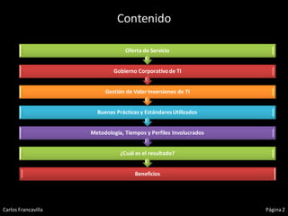 Contenido

                                  Oferta de Servicio


                             Gobierno Corporativo de TI


                          Gestión de Valor Inversiones de TI


                       Buenas Prácticas y Estándares Utilizados


                     Metodología, Tiempos y Perfiles Involucrados


                                ¿Cuál es el resultado?


                                      Beneficios




Carlos Francavilla                                                  Página 2
 