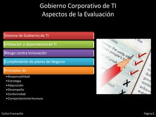 Gobierno Corporativo de TI
                        Aspectos de la Evaluación

  Sistema de Gobierno de TI

  Utilización y dependencia de TI

  Riesgo contra Innovación

  Cumplimiento de planes de Negocio

  Principios de
   •Responsabilidad
   •Estrategia
   •Adquisición
   •Desempeño
   •Conformidad
   •Comportamiento Humano



Carlos Francavilla                                  Página 5
 