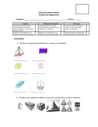 Educación Matemáticas
                                       Evaluación Diagnostica

    Nombre: ________________________________________________________________ Curso:____________

                Logrado                         Medianamente logrado                        Por lograr
Clasifican objetos que tienen           Clasifican objetos que tienen         Clasifican objetos con forma de
forma parecida a un prisma y            forma parecida a un prisma, pero su   prisma, o bien encierra algún
explica, aludiendo a características    explicación es imprecisa              cuerpo con otra forma.
de estos cuerpos.
Identifica una semejanza y una          Identifica una semejanza o una        No logra identificar semejanzas ni
diferencia entre los prismas dados      diferencia entre los prismas dados    diferencias entre los prismas dados.


Actividades

     1. Clasifica los siguientes poliedros en prismas o pirámides,




________________                _______________




_________________               _______________




_______________               ________________


     2. Clasifican los siguientes objetos en prismas, pirámides y cuerpos redondos
 