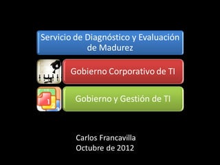Servicio de Diagnóstico y Evaluación
            de Madurez

       Gobierno Corporativo de TI

        Gobierno y Gestión de TI



      Carlos Francavilla
      carlos@cafrancavilla.com
      Octubre de 2012
 
