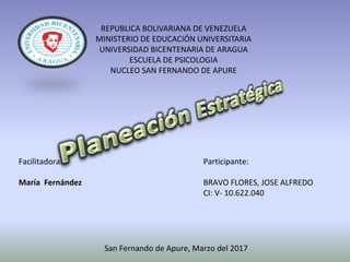 REPUBLICA BOLIVARIANA DE VENEZUELA
MINISTERIO DE EDUCACIÓN UNIVERSITARIA
UNIVERSIDAD BICENTENARIA DE ARAGUA
ESCUELA DE PSICOLOGIA
NUCLEO SAN FERNANDO DE APURE
Facilitadora:
María Fernández
Participante:
BRAVO FLORES, JOSE ALFREDO
CI: V- 10.622.040
San Fernando de Apure, Marzo del 2017
 