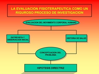 LA EVALUACION FISIOTERAPEUTICA COMO UN
     RIGUROSO PROCESO DE INVESTIGACION

                EVALUACION DEL MOVIMIENTO CORPORAL HUMANO




   ENTREVISTA Y                                  HISTORIA DE SALUD
OBSERVACION INICIAL




                           CONCEPTUACION DEL
                               PROBLEMA




                         HIPOTESIS DIRECTRIZ
 