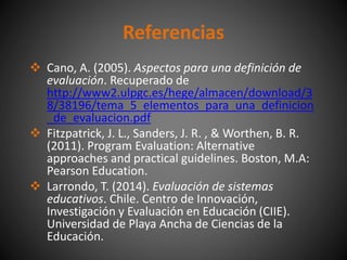 Referencias
 Cano, A. (2005). Aspectos para una definición de
evaluación. Recuperado de
http://www2.ulpgc.es/hege/almacen/download/3
8/38196/tema_5_elementos_para_una_definicion
_de_evaluacion.pdf
 Fitzpatrick, J. L., Sanders, J. R. , & Worthen, B. R.
(2011). Program Evaluation: Alternative
approaches and practical guidelines. Boston, M.A:
Pearson Education.
 Larrondo, T. (2014). Evaluación de sistemas
educativos. Chile. Centro de Innovación,
Investigación y Evaluación en Educación (CIIE).
Universidad de Playa Ancha de Ciencias de la
Educación.
 