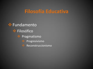 Filosofía Educativa
Fundamento
 Filosófico
 Pragmatismo
 Progresivismo
 Reconstruccionismo
 