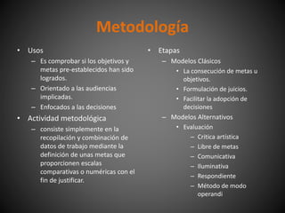 • Etapas
– Modelos Clásicos
• La consecución de metas u
objetivos.
• Formulación de juicios.
• Facilitar la adopción de
decisiones
– Modelos Alternativos
• Evaluación
– Critica artística
– Libre de metas
– Comunicativa
– Iluminativa
– Respondiente
– Método de modo
operandi
• Usos
– Es comprobar si los objetivos y
metas pre-establecidos han sido
logrados.
– Orientado a las audiencias
implicadas.
– Enfocados a las decisiones
• Actividad metodológica
– consiste simplemente en la
recopilación y combinación de
datos de trabajo mediante la
definición de unas metas que
proporcionen escalas
comparativas o numéricas con el
fin de justificar.
Metodología
 