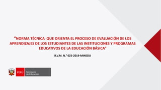 “NORMA TÉCNICA QUE ORIENTA EL PROCESO DE EVALUACIÓN DE LOS
APRENDIZAJES DE LOS ESTUDIANTES DE LAS INSTITUCIONES Y PROGRAMAS
EDUCATIVOS DE LA EDUCACIÓN BÁSICA”
R.V.M. N.° 025-2019-MINEDU
 