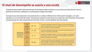 El nivel de desempeño se asocia a una escala
El grado de desempeño demostrado por el estudiante debe asociarse a una escala, que describe de manera
general en términos cualitativos y cuantitativos el logro alcanzado.
Se espera que esta valoración sea producto de un análisis reflexivo de la información recogida, y no solo
obedecer a un promedio de notas. Este proceso requerirá seleccionar las evidencias más relevantes del proceso
de aprendizaje de cada estudiante permitiendo arribar a juicios globales del desempeño.
 