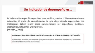 Un indicador de desempeño es…
La información específica que sirve para verificar, valorar o dimensionar en una
actuación el grado de cumplimiento de una determinada expectativa. Los
indicadores deben reunir cinco características: ser específicos, medibles,
alcanzables, relevantes y temporales.
(MINEDU, 2015)
INDICADOR DE DESEMPEÑO DE 4TO DE SECUNDARIA – HISTORIA, GEOGRAFÍA Y ECONOMÍA
Explica cómo el Estado, las empresas y las personas toman decisiones económicas y financieras
considerando indicadores económicos.
 