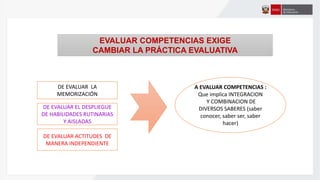 A EVALUAR COMPETENCIAS :
Que implica INTEGRACION
Y COMBINACION DE
DIVERSOS SABERES (saber
conocer, saber ser, saber
hacer)
DE EVALUAR LA
MEMORIZACIÓN
DE EVALUAR EL DESPLIEGUE
DE HABILIDADES RUTINARIAS
Y AISLADAS
DE EVALUAR ACTITUDES DE
MANERA INDEPENDIENTE
EVALUAR COMPETENCIAS EXIGE
CAMBIAR LA PRÁCTICA EVALUATIVA
 