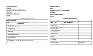 PROVINCIA DE BS. AS.
D G C Y E.
DIRECCIÓN DE EDUCACIÓN SECUNDARIA.
REGIÓN 16
DISTRITO: CARLOS TEJEDOR.
E.E.S: Nº
EVALUACION MEDIA DOCENTE 2015
Nombres y apellidos:
Cargo: PF Nivel: SECUNDARIO
Competencias
1- Dominio curricular
2- Planeación y organización académica
3- Pedagogía y didáctica
4- Evaluación del aprendizaje
5- Uso de recursos
6- Trabajo en equipo
7- Compromiso social e institucional
8- Iniciativa
9- Puntualidad y Asistencia
10- Cumplimiento
Valoración:R:Regular - B: Bueno – MB: Muy Bueno – S: Sobresaliente
CONCEPTO GENERAL: NOTIFICACION:
PROVINCIA DE BS. AS.
D G C Y E.
DIRECCIÓN DE EDUCACIÓN SECUNDARIA.
REGIÓN 16
DISTRITO: CARLOS TEJEDOR.
E.E.S: Nº
EVALUACION MEDIA DOCENTE 2015
Nombres y apellidos:
Cargo: P.F Nivel: SECUNDARIO
Competencias
1- Dominio curricular
2- Planeación y organización académica
3- Pedagogía y didáctica
4- Evaluación del aprendizaje
5- Uso de recursos
6- Trabajo en equipo
7- Compromiso social e institucional
8- Iniciativa
9- Puntualidad y Asistencia
10- Cumplimiento
Valoración:R:Regular - B: Bueno – MB: Muy Bueno – S: Sobresaliente
CONCEPTO GENERAL: NOTIFICACION:
 
