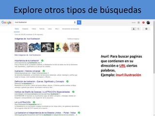 Explore otros tipos de búsquedas
Inurl: Para buscar paginas
que contienen en su
dirección o URL ciertas
palabras.
Ejemplo: inurl:ilustración