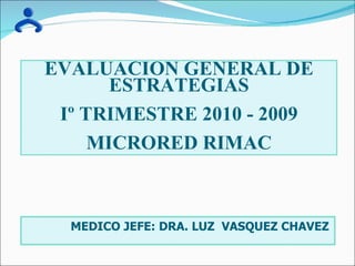 EVALUACION GENERAL DE ESTRATEGIAS Iº TRIMESTRE 2010 - 2009 MICRORED RIMAC MEDICO JEFE: DRA. LUZ  VASQUEZ CHAVEZ     