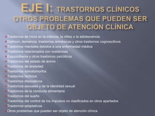 Trastornos de inicio en la infancia, la niñez o la adolescencia
Delirium, demencia, trastornos amnésicos y otros trastornos cognoscitivos
Trastornos mentales debidos a una enfermedad médica
Trastornos relacionados con sustancias
Esquizofrenia y otros trastornos psicóticos
Trastornos del estado de ánimo
Trastornos de ansiedad
Trastornos somatomorfos
Trastornos facticios
Trastornos disociativos
Trastornos sexuales y de la identidad sexual
Trastornos de la conducta alimentaria
Trastornos del sueño
Trastornos del control de los impulsos no clasificados en otros apartados
Trastornos adaptativos
Otros problemas que pueden ser objeto de atención clínica
 