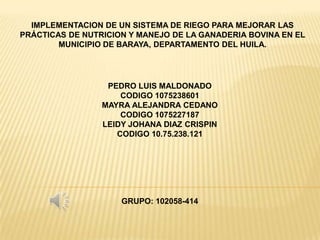 IMPLEMENTACION DE UN SISTEMA DE RIEGO PARA MEJORAR LAS
PRÁCTICAS DE NUTRICION Y MANEJO DE LA GANADERIA BOVINA EN EL
MUNICIPIO DE BARAYA, DEPARTAMENTO DEL HUILA.

PEDRO LUIS MALDONADO
CODIGO 1075238601
MAYRA ALEJANDRA CEDANO
CODIGO 1075227187
LEIDY JOHANA DIAZ CRISPIN
CODIGO 10.75.238.121

GRUPO: 102058-414

 