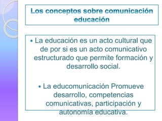  La educación es un acto cultural que
de por si es un acto comunicativo
estructurado que permite formación y
desarrollo social.
 La educomunicación Promueve
desarrollo, competencias
comunicativas, participación y
autonomía educativa.
 