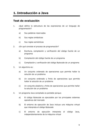 Test Programación Ejercicios de evaluación de fundametnos de programacion en JAva | PDF