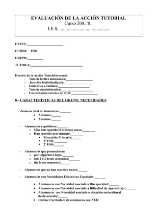 EVALUACIÓN DE LA ACCIÓN TUTORIAL
Curso 200../0..
I.E.S. ..........................................
ETAPA:_______________________
CURSO: ESO
GRUPO:__________
TUTOR/A:_________________________________
Horario de la Acción Tutorial/semanal:
- Tutoría lectiva alumnos/as:_________________
- Atención Individualizada:_________________
- Entrevista a familias:____________________
- Tutoría administrativa:____________________
- Coordinación tutorías de nivel:_________________
0.- CARACTERÍSTICAS DEL GRUPO. NECESIDADES
-Número total de alumnos/as:_______
• Alumnos:______
• Alumnas:______
- Alumnos/as repetidores:_______
o Sólo han repetido el presente curso:________
o Han repetido previamente:________
 Educación Primaria:______
 1º ESO:________
 2º ESO:______
- Alumnos/as que promocionan
o por imperativo legal:_______
o con 1 ó 2 áreas suspensas:_______
o sin áreas suspensas:______
- Alumnos/as que no han repetido nunca:______
- Alumnos/as con Necesidades Educativas Especiales:_______
• Alumnos/as con Necesidad asociada a Discapacidad:______
• Alumnos/as con Necesidad asociada a Dificultad de Aprendizaje:______
• Alumnos/as con Necesidad asociada a situación sociocultural
desfavorecida:______
• Desfase Curricular: de alumnos/as con NEE:
 