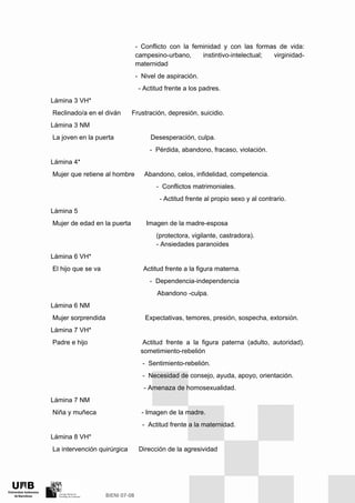- Conflicto con la feminidad y con las formas de vida:
campesino-urbano, instintivo-intelectual; virginidad-
maternidad
- Nivel de aspiración.
- Actitud frente a los padres.
Lámina 3 VH*
Reclinado/a en el diván Frustración, depresión, suicidio.
Lámina 3 NM
La joven en la puerta Desesperación, culpa.
- Pérdida, abandono, fracaso, violación.
Lámina 4*
Mujer que retiene al hombre Abandono, celos, infidelidad, competencia.
- Conflictos matrimoniales.
- Actitud frente al propio sexo y al contrario.
Lámina 5
Mujer de edad en la puerta Imagen de la madre-esposa
(protectora, vigilante, castradora).
- Ansiedades paranoides
Lámina 6 VH*
El hijo que se va Actitud frente a la figura materna.
- Dependencia-independencia
Abandono -culpa.
Lámina 6 NM
Mujer sorprendida Expectativas, temores, presión, sospecha, extorsión.
Lámina 7 VH*
Padre e hijo Actitud frente a la figura paterna (adulto, autoridad).
sometimiento-rebelión
- Sentimiento-rebelión.
- Necesidad de consejo, ayuda, apoyo, orientación.
- Amenaza de homosexualidad.
Lámina 7 NM
Niña y muñeca - Imagen de la madre.
- Actitud frente a la maternidad.
Lámina 8 VH*
La intervención quirúrgica Dirección de la agresividad
 