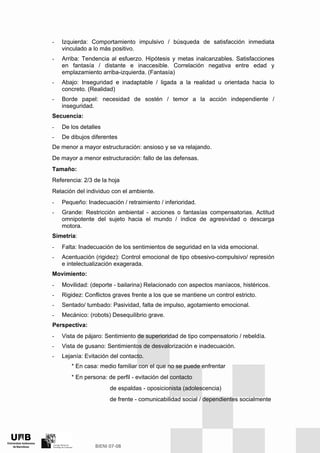 - Izquierda: Comportamiento impulsivo / búsqueda de satisfacción inmediata
vinculado a lo más positivo.
- Arriba: Tendencia al esfuerzo. Hipótesis y metas inalcanzables. Satisfacciones
en fantasía / distante e inaccesible. Correlación negativa entre edad y
emplazamiento arriba-izquierda. (Fantasía)
- Abajo: Inseguridad e inadaptable / ligada a la realidad u orientada hacia lo
concreto. (Realidad)
- Borde papel: necesidad de sostén / temor a la acción independiente /
inseguridad.
Secuencia:
- De los detalles
- De dibujos diferentes
De menor a mayor estructuración: ansioso y se va relajando.
De mayor a menor estructuración: fallo de las defensas.
Tamaño:
Referencia: 2/3 de la hoja
Relación del individuo con el ambiente.
- Pequeño: Inadecuación / retraimiento / inferioridad.
- Grande: Restricción ambiental - acciones o fantasías compensatorias. Actitud
omnipotente del sujeto hacia el mundo / índice de agresividad o descarga
motora.
Simetría:
- Falta: Inadecuación de los sentimientos de seguridad en la vida emocional.
- Acentuación (rigidez): Control emocional de tipo obsesivo-compulsivo/ represión
e intelectualización exagerada.
Movimiento:
- Movilidad: (deporte - bailarina) Relacionado con aspectos maníacos, histéricos.
- Rigidez: Conflictos graves frente a los que se mantiene un control estricto.
- Sentado/ tumbado: Pasividad, falta de impulso, agotamiento emocional.
- Mecánico: (robots) Desequilibrio grave.
Perspectiva:
- Vista de pájaro: Sentimiento de superioridad de tipo compensatorio / rebeldía.
- Vista de gusano: Sentimientos de desvalorización e inadecuación.
- Lejanía: Evitación del contacto.
* En casa: medio familiar con el que no se puede enfrentar
* En persona: de perfil - evitación del contacto
de espaldas - oposicionista (adolescencia)
de frente - comunicabilidad social / dependientes socialmente
 