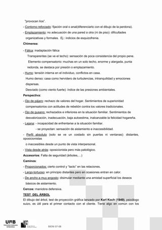 "provocan líos”.
- Contorno reforzado: fijación oral o anal(diferenciarlo con el dibujo de la perdona).
- Emplazamiento: no adecuación de una pared a otra (ni de piso): dificultades
organizativas y formales. Ej.: indicios de esquizofrenia.
Chimenea:
- Fálica: inadaptación fálica
Transparentes (se ve el techo): sensación de poca consistencia del propio pene.
Elemento compensatorio: muchas en un solo techo, enorme y alargada, punta
redonda, se destaca por presión o emplazamiento.
- Humo: tensión interna en el individuo, conflictos en casa.
Humo denso: casa como hervidero de turbulencias, intranquilidad y emociones
dispersas.
Desviado (como viento fuerte): índice de las presiones ambientales.
Perspectiva:
- Ojo de pájaro: rechazo de valores del hogar. Sentimientos de superioridad
compensatorios con actitudes de rebelión contra los valores tradicionales.
- Ojo de gusano: rechazados e inferiores en la situación familiar. Sentimientos de
desvalorización, inadecuación, baja autoestima, inalcanzable la felicidad hogareña.
- Lejana: - incapacidad de enfrentarse a la situación familiar.
- se proyectan: sensación de aislamiento e inaccesibilidad.
- Perfil absoluto (solo se ve un costado sin puertas ni ventanas): distantes,
oposicionistas
o inaccesibles desde un punto de vista interpersonal.
- Vista desde atrás: oposicionista pero más patológico.
Accesorios: Falta de seguridad (árboles,…)
Caminos:
- Proporcionados: cierto control y “tacto” en las relaciones.
- Largo-tortuoso: en principio distantes pero en ocasiones entran en calor.
- De ancho a muy angosto: disimular mediante una amistad superficial los deseos
básicos de aislamiento.
Cercos: maniobra defensiva.
TEST DEL ÁRBOL
El dibujo del árbol, test de proyección gráfica lanzado por Karl Koch (1949), psicólogo
suizo, es útil para el primer contacto con el cliente. Tiene algo en común con los
 