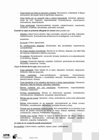 - Copa hecha con línea en serrucho o dientes: Nerviosismo, irritabilidad. A Mayor
acentuación del ángulo dará el significado respectivo.
- Copa hecha por un conjunto más o menos discordante: Actividad, agitación,
ansia de vivir. Capricho, espontaneidad. Inconsecuencia, improvisación,
ambivalencia, desorientación.
- Copa sombreada: Impresionabilidad, empatía, indeterminación, irresolución,
confusión, irrealidad. Neutralidad, pasividad, suavidad.
Cuando la copa se presenta dibujada en ramas éstas pueden ser:
- Abiertas (véase tronco abierto): Algo incompleto, solución que falta, indecisión,
indeterminación. Eventualmente tendencia a la investigación, a la iniciativa
empeñosa.
- En punta: Critica, agresividad.
- En ramificaciones delgadas: Sensitividad, alta sensibilidad, impertinencia,
susceptibilidad.
- En líneas simples (monolineal). Normal en la infancia, después una débil falta
de madurez intelectual o afectiva (neurosis).
- En estratos: Domesticación, corrección forzada, tendencia a la sistematización
y a la técnica. Rigidez.
- Cortadas: Desarrollo detenido, impedido. Inhibición, sentimiento de inferioridad,
terquedad, resistencia. Timidez.
Según la forma de la copa, ésta puede ser:
- Copa aplastada: Estar debajo de un peso, depresión. Sumisión, resignación.
Inhibición, falta de desarrollo.
- Copa centrípeta: Auto-centralización, narcisismo. Concentración,
comunicabilidad reducida o sociabilidad reducida. Eventualmente: armonía,
plenitud interior, firmeza.
- Copa pendiente a los costados del tronco o ramas descendentes: Cansancio,
depresión, falta de energía, pasividad, indecisión.
- Ramas cubiertas por una membrana: Ocultamiento, impenetrabilidad.
Falsedad, indefinición.
- Formas contradictorias: Ramas en direcciones opuestas. Contradicción,
inconsecuencia, inadaptación, terquedad, desorientación.
- Ramas que se cruzan: Oposición, crítica, ambivalencia, lucha entre afectividad
y control.
- Ramas interrumpidas en su inserción: (principalmente en líneas curvas):
Concesión, consideración, delicadeza, conceder favores a otros.
- Formas que se engrosan hacia la punta: Son comparables en la escritura a los
trazos de presión creciente en forma de mazo. Indican: debilidad, inhibición,
contradicción, violencia. Primitivismo, imposición.
- Formas muy curvas: Según la mayor o menor tensión del dibujo. Reserva,
artificialismo, domesticación, inhibición de afectos, obsesión neurótica,
detención, angustia, inadaptación.
La copa en su conjunto puede presentarse:
En equilibrio: Calma interior, equilibrio, reposo “pose”, artificialidad.
 
