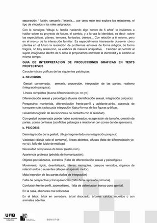 separación / fusión, cercanía / lejanía,... por tanto este test explora las relaciones, el
tipo de vínculos y los roles asignados.
Con la consigna “dibuja tu familia haciendo algo dentro de 5 años” le invitamos a
hablar sobre su proyecto de futuro, el cambio, y a la vez la identidad, es decir, sobre
las expectativas, planes, temores, fantasías, deseos.., Con relación a él mismo, pero
en el marco de la interacción familiar. Es especialmente interesante observar cómo
plantea en el futuro la resolución de problemas actuales de forma mágica, de forma
trágica, no hay resolución, se elabora de manera adaptativa,... También al permitir al
sujeto imaginarse dentro de 5 años le propiciamos enfrentar la identidad y el cambio al
mismo tiempo.
GUIA DE INTERPRETACION DE PRODUCCIONES GRAFICAS EN TESTS
PROYECTIVOS
Características gráficas de las siguientes patologías:
a. NEUROSIS
Gestalt conservada, armonía, proporción, integración de las partes, realismo
(integración psíquica).
Líneas completas (buena diferenciación yo- no yo)
Diferenciación sexual y psicológica (buena identificación sexual, integración psíquica)
Perspectiva mantenida, diferenciación frente-perfil y adelante-atrás, ausencia de
transparencias (adecuada integración lógico-formal de las figuras gráficas.
Desarrollo logrado de las funciones de contacto con la realidad).
Con gestalt conservada puede haber sombreados, exageración de tamaño, omisión de
partes, zonas confusas (conflictos patología a relacionar con zonas donde aparecen).
b. PSICOSIS
Desintegración de la gestalt, dibujo fragmentado (no integración psíquica)
Vaciedad (dibuja solo el contorno), líneas abiertas, difusas (falta de diferenciación yo-
no yo), fallo del juicio de realidad
Necesidad compulsiva de llenar (restitución)
Apariencia grotesca (pérdida de humanización).
Objetos parcializados, extraños (Falta de diferenciación sexual y psicológica)
Movimiento rígido, desvitalizado, títeres, monigotes, cuerpos vencidos, órganos de
relación rotos o ausentes (ataque al aparato motor).
Mala inserción de las partes (fallos de integración)
Falta de perspectiva y transparencias (fallo de la represión primaria).
Confusión frente-perfil, zoomorfismo, falta de delimitación tronco-zona genital.
En la casa, aberturas mal colocadas
En el árbol: árbol en cerradura, árbol disociado, árboles caídos, muertos o con
animales adentro.
 
