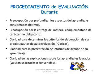 PROCEDIMIENTO de EVALUACIÓN
Durante
• Preocupación por profundizar los aspectos del aprendizaje
considerados óptimos.
• Preocupación por la entrega del material complementario de
carácter no obligatorio.
• Claridad para determinar los criterios de elaboración de sus
propias pautas de autoevaluación (rúbricas).
• Claridad para la presentación de informes de avance de su
aprendizaje.
• Claridad en las explicaciones sobre los aprendizajes logrados
(ya sean solicitadas o convenidas).
EVALUACIÓN POR PORTAFOLIO Julio 2014
Fer - Yolanda - Carmen
11
 