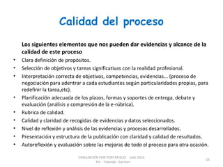 Calidad del proceso
Los siguientes elementos que nos pueden dar evidencias y alcance de la
calidad de este proceso
• Clara definición de propósitos.
• Selección de objetivos y tareas significativas con la realidad profesional.
• Interpretación correcta de objetivos, competencias, evidencias... (proceso de
negociación para adentrar a cada estudiantes según particularidades propias, para
redefinir la tarea,etc).
• Planificación adecuada de los plazos, formas y soportes de entrega, debate y
evaluación (análisis y compresión de la e-rúbrica).
• Rubrica de calidad.
• Calidad y claridad de recogidas de evidencias y datos seleccionados.
• Nivel de reflexión y análisis de las evidencias y procesos desarrollados.
• Presentación y estructura de la publicación con claridad y calidad de resultados.
• Autoreflexión y evaluación sobre las mejoras de todo el proceso para otra ocasión.
EVALUACIÓN POR PORTAFOLIO Julio 2014
Fer - Yolanda - Carmen
15
 