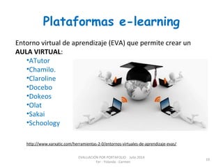 Plataformas e-learning
EVALUACIÓN POR PORTAFOLIO Julio 2014
Fer - Yolanda - Carmen
19
Entorno virtual de aprendizaje (EVA) que permite crear un
AULA VIRTUAL:
•ATutor
•Chamilo.
•Claroline
•Docebo
•Dokeos
•Olat
•Sakai
•Schoology
http://www.xarxatic.com/herramientas-2-0/entornos-virtuales-de-aprendizaje-evas/
 