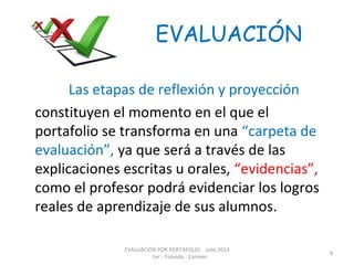 EVALUACIÓN
Las etapas de reflexión y proyección
constituyen el momento en el que el
portafolio se transforma en una “carpeta de
evaluación”, ya que será a través de las
explicaciones escritas u orales, “evidencias”,
como el profesor podrá evidenciar los logros
reales de aprendizaje de sus alumnos.
EVALUACIÓN POR PORTAFOLIO Julio 2014
Fer - Yolanda - Carmen
8
 