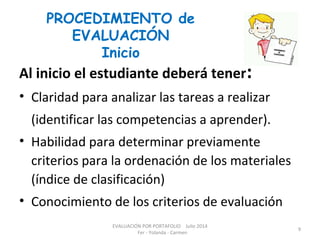 PROCEDIMIENTO de
EVALUACIÓN
Inicio
Al inicio el estudiante deberá tener:
• Claridad para analizar las tareas a realizar
(identificar las competencias a aprender).
• Habilidad para determinar previamente
criterios para la ordenación de los materiales
(índice de clasificación)
• Conocimiento de los criterios de evaluación
EVALUACIÓN POR PORTAFOLIO Julio 2014
Fer - Yolanda - Carmen
9
 