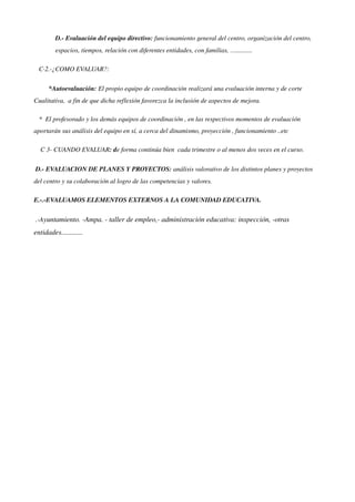 D.­ Evaluación del equipo directivo: funcionamiento general del centro, organización del centro, 
espacios, tiempos, relación con diferentes entidades, con familias, …..........
   C∙2.­¿COMO EVALUAR?:
         *Autoevaluación: El propio equipo de coordinación realizará una evaluación interna y de corte 
Cualitativa,  a fin de que dicha reflexión favorezca la inclusión de aspectos de mejora.
   *  El profesorado y los demás equipos de coordinación , en las respectivos momentos de evaluación 
aportarán sus análisis del equipo en sí, a cerca del dinamismo, proyección , funcionamiento ..etc
    C 3­ CUANDO EVALUAR: de forma continúa bien  cada trimestre o al menos dos veces en el curso.
 D.­ EVALUACION DE PLANES Y PROYECTOS: análisis valorativo de los distintos planes y proyectos 
del centro y su colaboración al logro de las competencias y valores.
E.­.­EVALUAMOS ELEMENTOS EXTERNOS A LA COMUNIDAD EDUCATIVA.
 .­Ayuntamiento. ­Ampa. ­ taller de empleo,­ administración educativa: inspección, ­otras 
entidades............
 