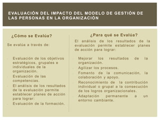 • Evaluación de los objetivos
estratégicos, grupales e
individuales de la
organización.
• Evaluación de las
competencias.
• El análisis de los resultados
de la evaluación permite
establecer planes de acción
para lograr:
• Evaluación de la formación.
¿Para qué se Evalúa?
• Mejorar los resultados de la
organización.
• Agilizar los procesos.
• Fomento de la comunicación, la
colaboración y apoyo.
• Reconocimiento de la contribución
individual o grupal a la consecución
de los logros organizacionales.
• Adaptación permanente a un
entorno cambiante.
¿Cómo se Evalúa?
EVALUACIÓN DEL IMPACTO DEL MODELO DE GESTIÓN DE
LAS PERSONAS EN LA ORGANIZACIÓN
Se evalúa a través de:
El análisis de los resultados de la
evaluación permite establecer planes
de acción para lograr:
 
