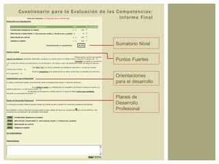 Cuestionario para la Evaluación de las Competencias:
Informe Final
Sumatorio Nivel
Puntos Fuertes
Orientaciones
para el desarrollo
Planes de
Desarrollo
Profesional
 