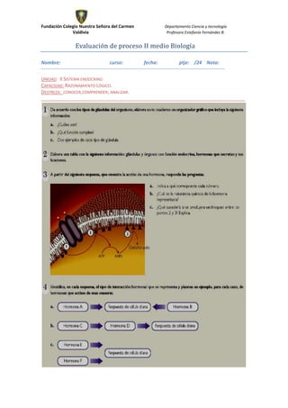 Fundación Colegio Nuestra Señora del Carmen Departamento Ciencia y tecnología
Valdivia Profesora Estefanía Fernández B.
Evaluación de proceso II medio Biología
Nombre: curso: fecha: ptje: /24 Nota:
UNIDAD: II SISTEMA ENDOCRINO
CAPACIDAD: RAZONAMIENTO LÓGICO.
DESTREZA: CONOCER,COMPRENDER, ANALIZAR.
_____________________________________________________________________________
 